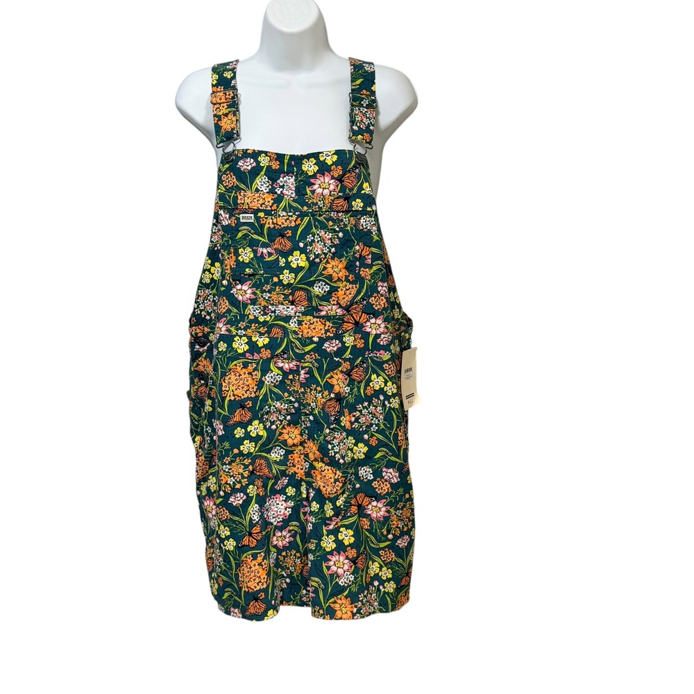 Duluth Trading Co Heirloom Gardening Short Overalls Teal Floral Butterfly L 7in